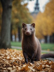 Wall Mural - portrait of mink on outdoor park in city at autumn with trees on background looking at camera from Generative AI