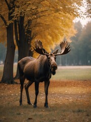 Wall Mural - portrait of moose on outdoor park in city at autumn with trees on background looking at camera from Generative AI