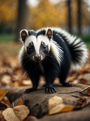 Wall Mural - portrait of striped skunk on outdoor park in city at autumn with trees on background looking at camera from Generative AI