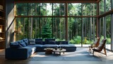 Fototapeta  - Blue sofa and lounge chairs in spacious room. Minimalist home interior design of modern living room in cottage in forest.