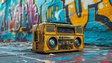 Fototapeta  - a boombox radio cassette tape recorder set against a vibrant graffiti wall art backdrop, capturing the essence of urban culture and retro music vibes.