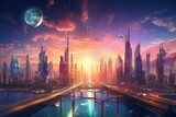 Fototapeta Londyn - A futuristic scene of a city skyline illuminated by a colorful sunset, with flying cars, robots and other advanced technology