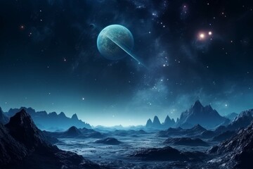 Wall Mural - a deep space landscape with a distant planet, stars and galaxies