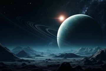Wall Mural - a shot of a distant planet, with its rings and moons illuminated by a distant star