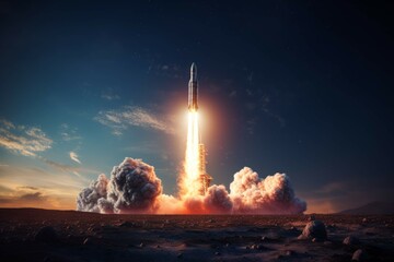 Wall Mural - a photo of a rocket taking off, with the stars and galaxies visible in the background