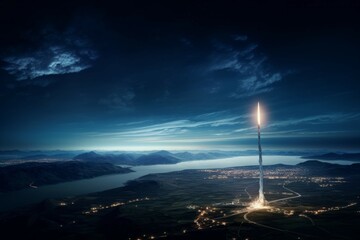 Wall Mural - a shot of a rocket launching from earth with a beautiful view of the night sky