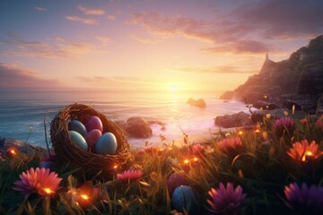 Wall Mural - a bright and colorful easter sunrise, with the sun just peeking out from behind the horizon