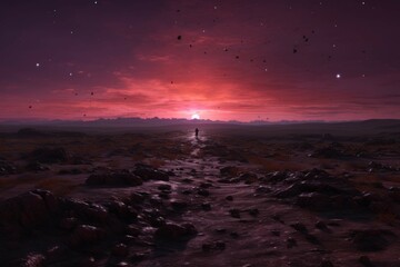 Wall Mural - a barren wasteland, the sky is a deep pink, the horizon is flat and empty, the sun is setting in the