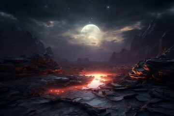 Wall Mural - a mysterious futuristic landscape with a winding, illuminated path through a rocky terrain and a bri