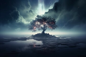 Wall Mural - a surreal and mysterious desktop wallpaper featuring an abstract landscape with a magical tree and a