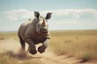 A baby rhinoceros running across the savannah, its little horns bobbing with each step
