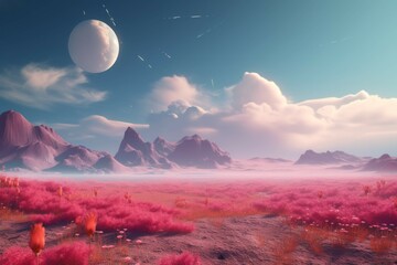 Wall Mural - a dreamy and abstract landscape with vibrant colors and surreal shapes, featuring a mysterious atmos