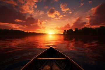 Wall Mural - a sunset over a lake with a single boat in the foreground