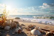 A sun-drenched beach, with a variety of shells, rocks and driftwood scattered across the sand