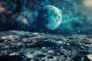 Sticker - A blue moon is in the sky above a rocky, barren landscape