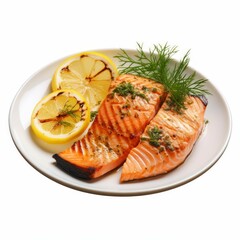 Wall Mural - A plate of grilled salmon, with a few slices of lemon, a few sprigs of dill, and a drizzle of olive oil, isolated on white background