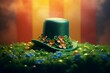 A leprechaun hat with a four-leaf clover and a rainbow in the background