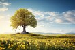 A single tree standing in a field of wildflowers, with a clear blue sky and a bright sun shining down