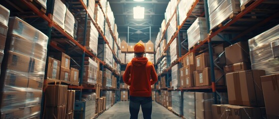 Wall Mural - A man wearing a yellow helmet walks through a warehouse filled with boxes by AI generated image