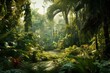 A lush, tropical jungle with a variety of plants and trees