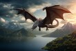 A dragon soaring over a mystical lake, surrounded by mountains and clouds