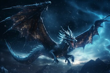Wall Mural - a magical dragon flying through a starry night sky, its wings glowing with ethereal energy