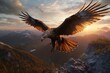 A griffin flying over a mountain range at sunset