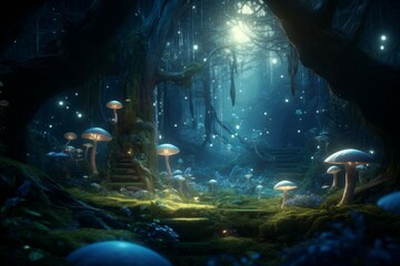 Wall Mural - a magical forest filled with enchanted creatures and mythical plants, glowing with a mysterious ligh