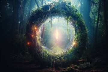 Wall Mural - a magical portal in a forest, with a bright light coming from inside and colorful mist surrounding i