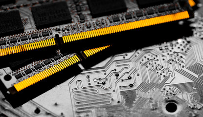 Wall Mural - Macro Close up of computer RAM chip and motherboard.