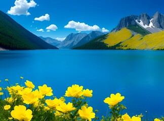 Wall Mural - A view of a large lake with beautiful flowers in front of a beautiful mountain