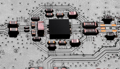 Wall Mural - Close up of components and microchips on PC circuit board.