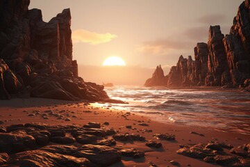 Wall Mural - a beach with large rock formations in the background, illuminated by the light of the setting sun