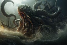 Kraken Attacking Ship In Stormy Sea