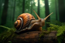 Giant Snail Crawling On Tree Trunk In Forest