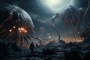 Wall Mural - alien creatures exploring strange and mysterious planet.
