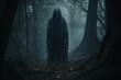 Dark and ominous forest with mysterious figure lurking in the shadows
