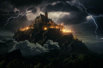 Wall Mural - dark castle on a hill with lightning in the background