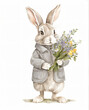 Osterhase mit Blumen - Ein freundlich lächelnder Hase im Anzug hält einen Strauß Frühlingsblumen.