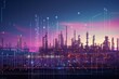 a oil refinery at sunset with data diagrams and graphs in the background