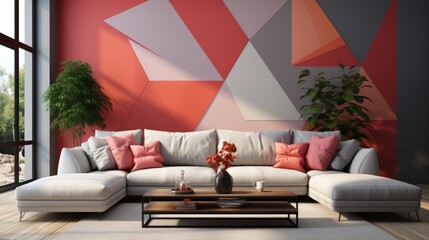 Canvas Print - A modern living room with a large pink and gray geometric accent wall and a white sectional sofa