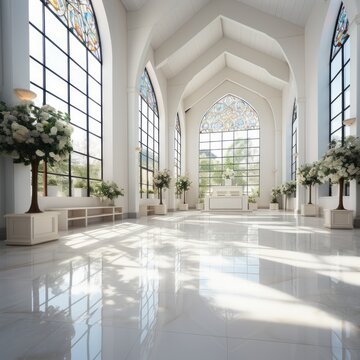 Bright modern church sanctuary with stained glass windows