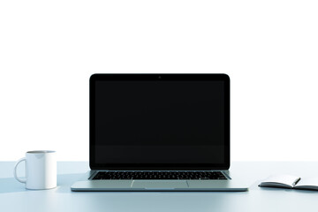 Wall Mural - A laptop with a blank screen next to a white mug and an open notebook, arranged on a white background, conveying a minimalistic workspace concept