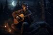 Man playing guitar and singing around a campfire in the woods