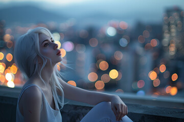 Wall Mural - A beautiful albino woman in a light, jersey dress, sitting on a rooftop overlooking the city. 