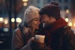 Couple drinking hot cocoa under blanket in city park