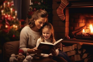 Wall Mural - Woman reading Christmas story to children by fireplace