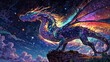 In a whimsically whimsical manner, imagine a quirky dragon inspired by the celestial realms, with shimmering celestial patterns covering its scales and glowing constellations in its eyes.