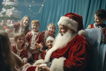 Wall Mural - Santa Claus and his reindeer visiting children in a hospital.