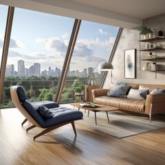 Canvas Print - A modern living room with a large window and a view of the city